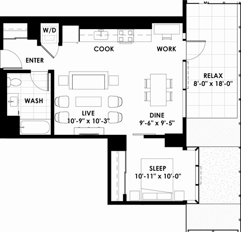 Floor plan for 1 bed, 1 bath, 681 sqft